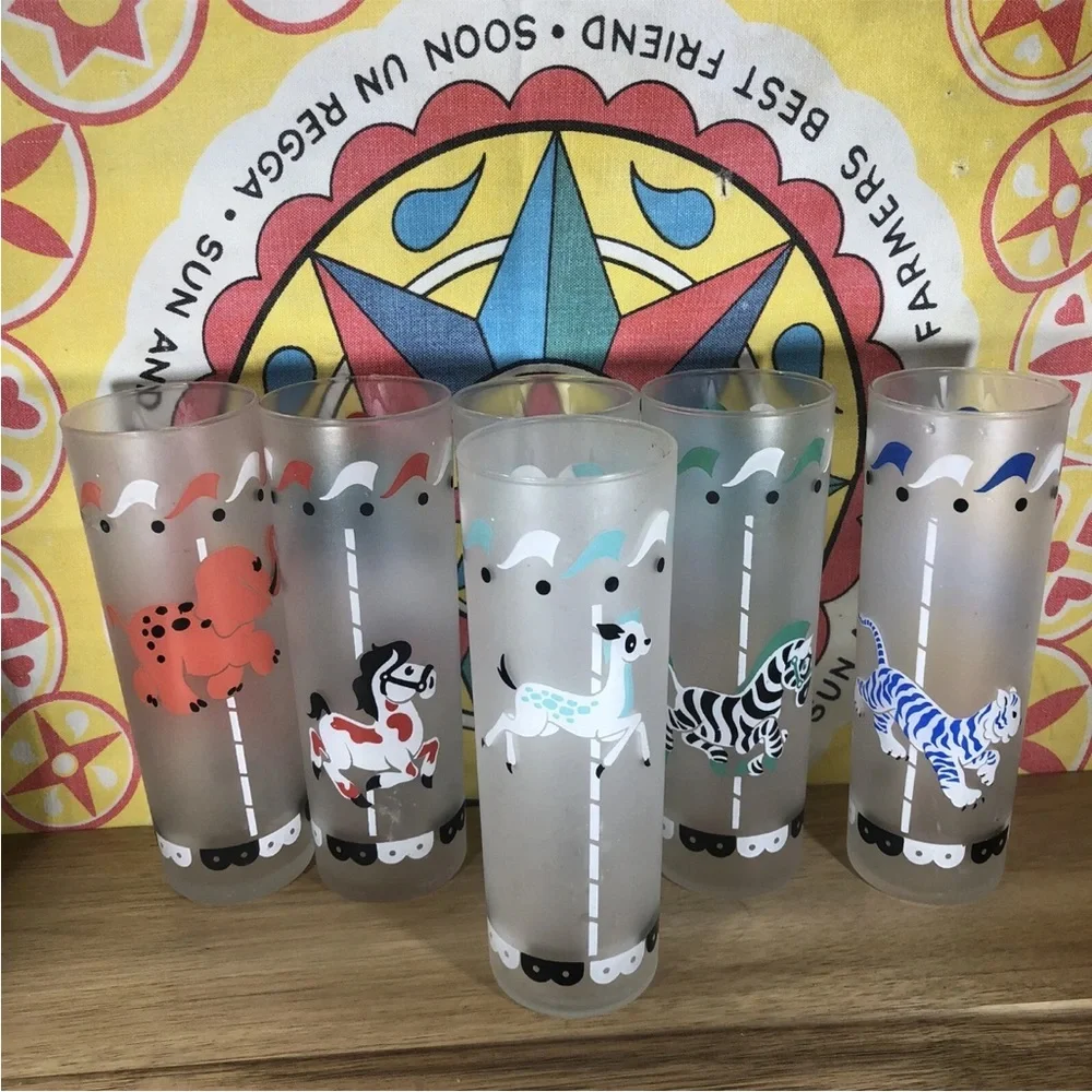 Libby Carousel Carnival 6 Glasses Horse Elephant Deer Zebra Tiger Vintage 60s